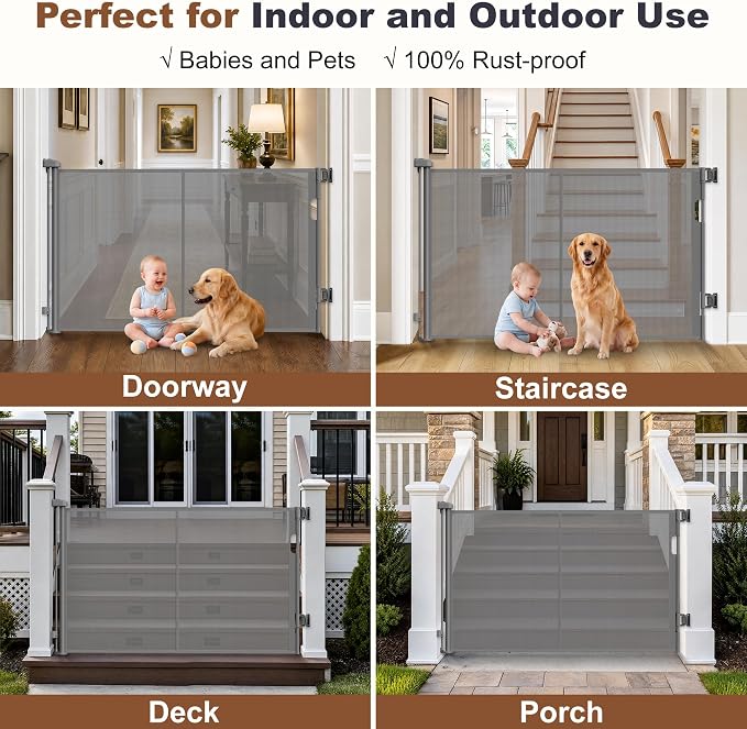 GRENFU Reinforced Retractable Baby Gates for Doorways, Retractable Gate with Support Rods to Prevent Crawling Through, Extends to 59" Wide 33" Tall, 5 FT Retractable Dog Gate for Indoor/Outdoor, Gray
