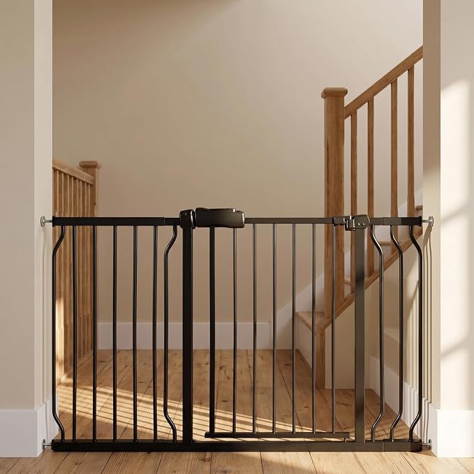 Extra Wide Baby Gate 48-53" Walk-Through Dog Gate for Stairs, Doorways & Hallways, 30" Tall, Auto-Close & Dual-Swing Safety Child Gate Indoor, Easy Install Pressure-Mounted Pet Gate, Black