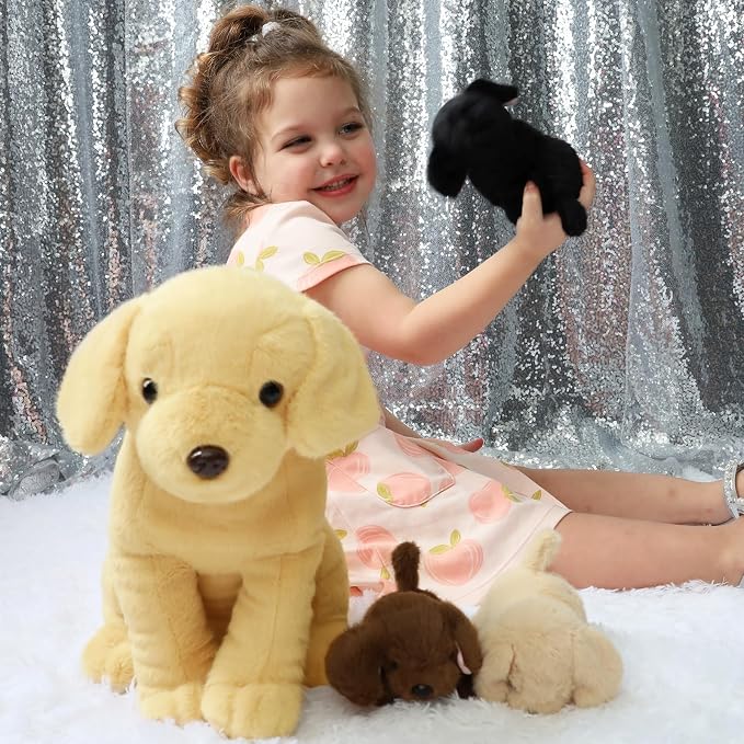 Tezituor Yellow Lab Stuffed Animal with Babies,Big Mommy Stuffed Labrador Dog Plush with 3 Puppy Toys, Realistic Larbrador Retriever Plush Gift for Girl Boy