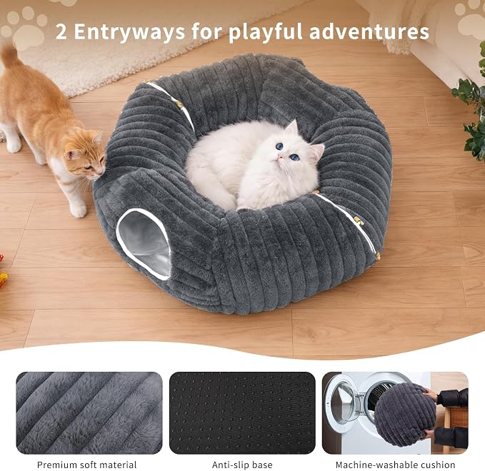 Cat Tunnel Bed Cave - Soft Washable Cushion for Indoor Cats, Peekaboo Hideaway Cave for Indoor Cats, Kittens, Puppies, Rabbits, Luxurious Striped Hare-Feel Fabric, Tunnels for Indoor Cats Large