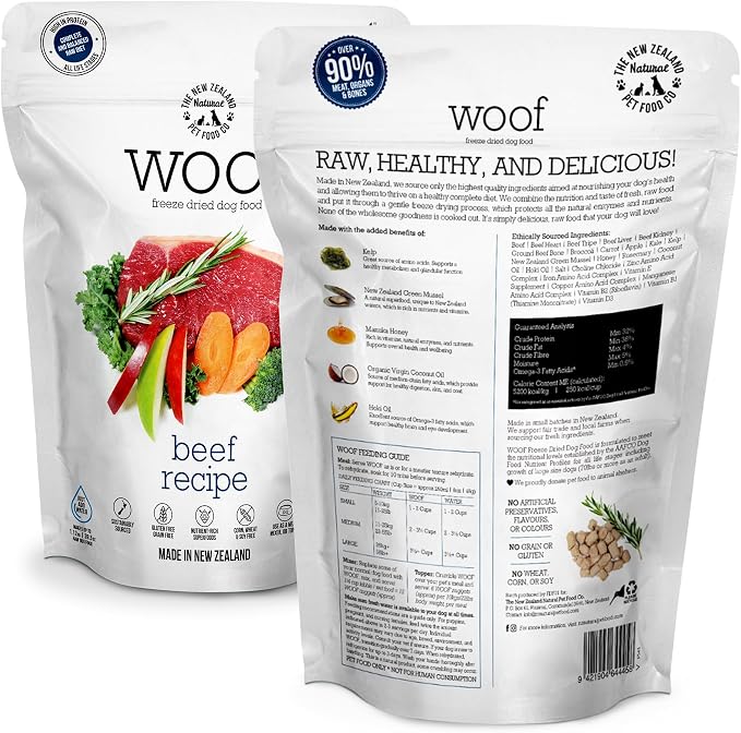 The New Zealand Natural Pet Food Co. WOOF Freeze Dried Dog Food - Beef Recipe, High Protein, Use as a Complete Diet, Dog Food Topper, Mixer, or as Dog Treats, All Life Stages - 9.9 Ounce (Pack of 1)