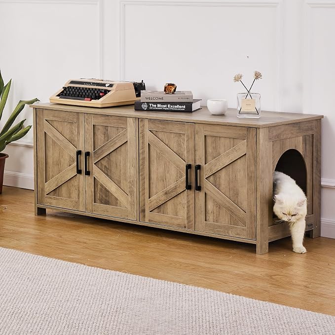 VEVOR Cat Litter Box Enclosure for 2 Cats, Litter Box Furniture Hidden with Double Rooms, Wooden Cat Box Cabinet Fit Most of Litter Box
