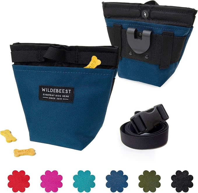 Wildebeest Dog Treat Pouch, Dog Treat Bag, Dog Training Treat Pouch, Dog Travel Bag, Pet Treat Pouch, Magnetic Closure, 2 Water-Resistant Compartments, Detachable Waist Strap & Belt Clip (Navy)