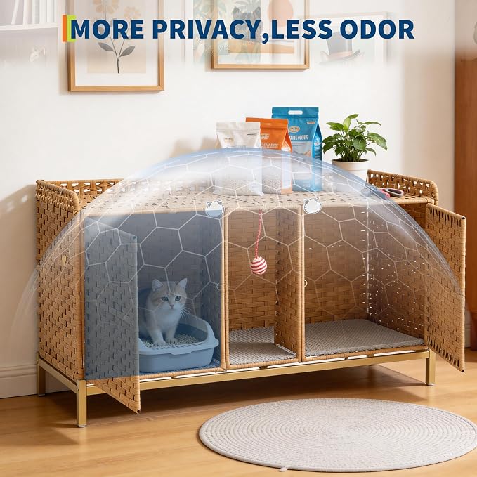 Rattan Litter Box Enclosure Double Cat Hidden Litterbox Furniture with Removable Litter Mat,Ball & 2 Hooks, Natural Cat House End Table, Easy Assembly, 47.2" l x 19.7" w x 23.6" h Natural
