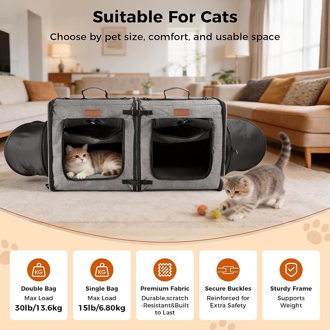 PETUX 2-in-1 Double Cat Travel Carrier with Play Tunnels | 32"x13"x17", Portable, Breathable, Soft Side Cat Carrier with Litter Box and Comfortable Hammock for Multiple Cats Traveling