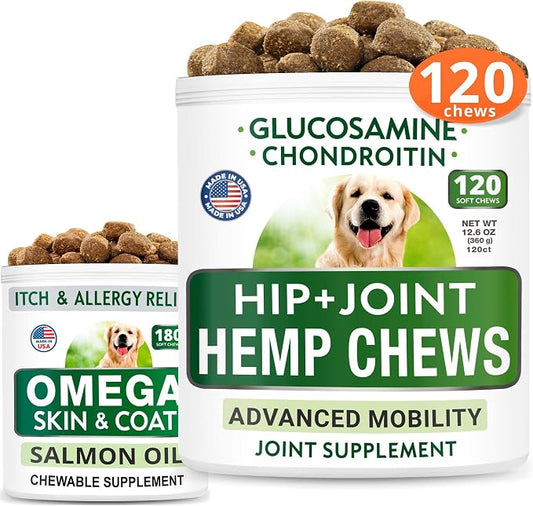 Hemp Treats + Glucosamine + Omega 3 for Dogs Bundle - Joint Pain + Allergy and Itch Relief - Hip & Joint Supplement w/MSM + Chondroitin + Hemp Oil + Omega 3 + EPA & DHA Fatty Acids - 120 + 180 Chews