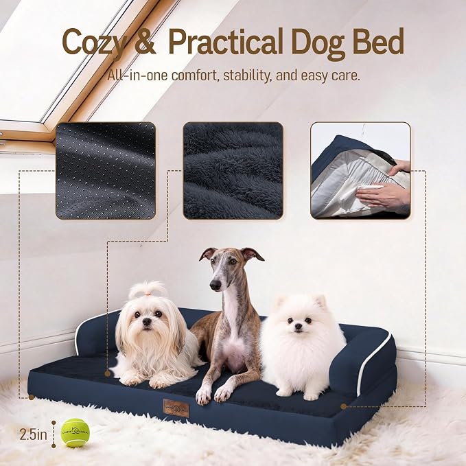 Comfort Expression Large Dog Bed Orthopedic - Washable XL Dog Beds Waterproof Pet Couch Memory Foam Sofa Bolster with Removable Cover - 42 x 30
