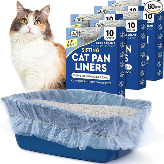 Cat Litter Box Sifting Liners Alfapet - Extra Giant 60 Count - Tear-Resistant Cat Litter Bags - Waterproof Kitty Litter Liners - Fits Almost All Litterbox Pan Sizes, 40" x 38", 30 lb Capacity