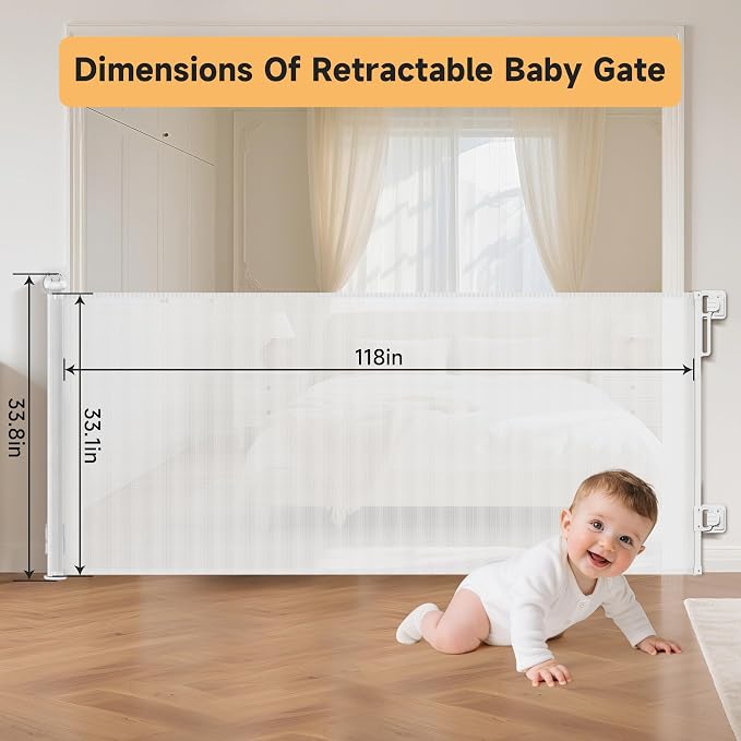 Retractable Baby Gate,118" Wide x 34" Tall Mesh Safety Gate for Dogs & Babies, Indoor/Outdoor Use for Stairs, Doorways, Hallways,Easy Installation Mesh Gate