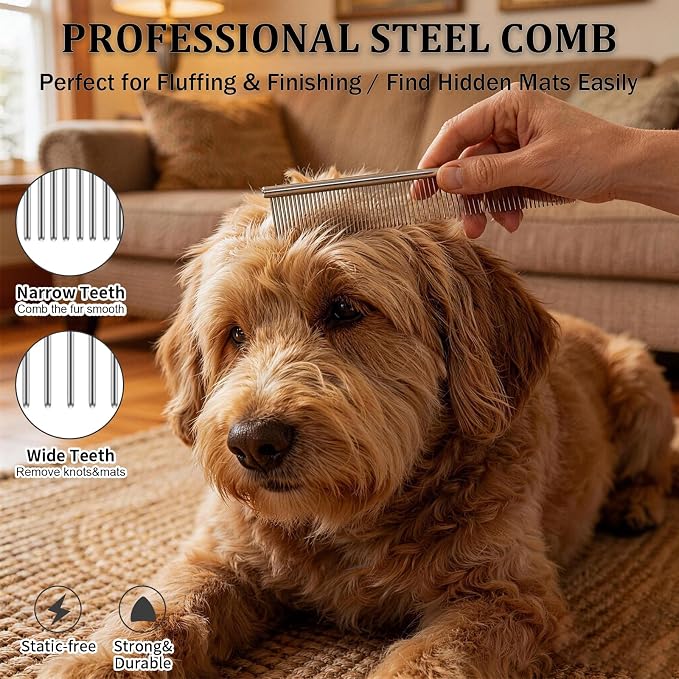 Slicker Brush for Dogs 4PCS- Lrage Dog Grooming Kit, Goldendoodle Labradoodle & Poodles with Detangling Comb for Haired Dogs, Matted Hair & Bath Massage Set, Black