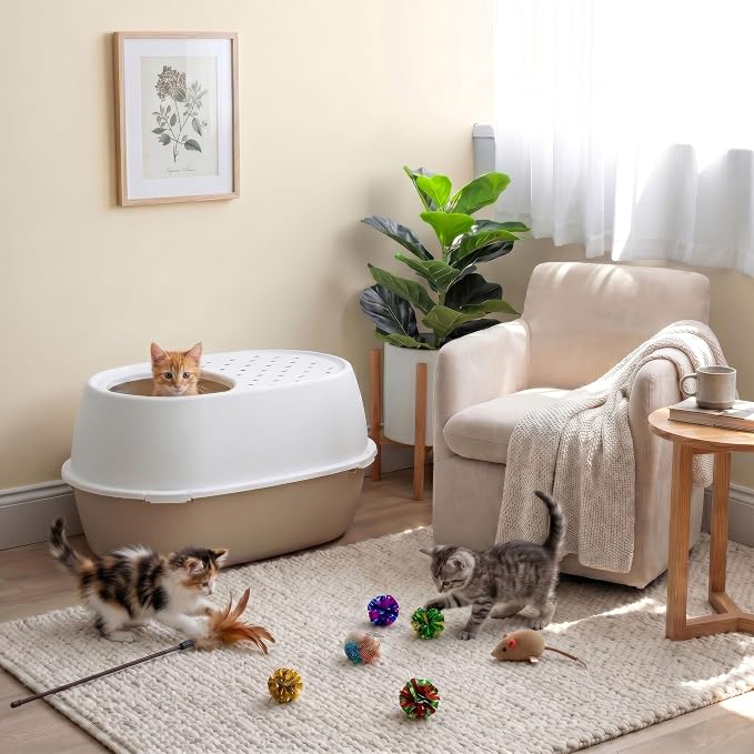IRIS USA Extra Large Litter Box with Lid, Top Entry, Jumbo Enclosed Covered Litter Box for Large Cats, 19" L x 29" W x 15" H, Dog-Proof 4-Buckle Design, Reduced Tracking Lid, Beige/White