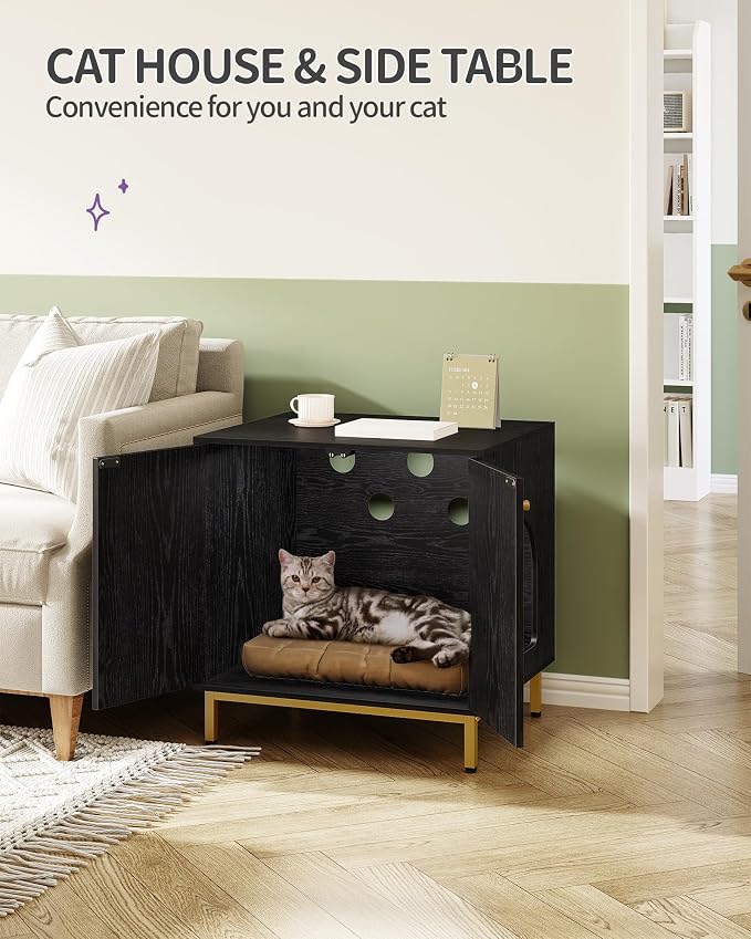 Hzuaneri Cat Litter Box Enclosure, Hidden Litter Box Furniture Cabinet, Wooden Indoor Cat House, Side End Table, Living Room, Bedroom, Black and Gold CB81204G