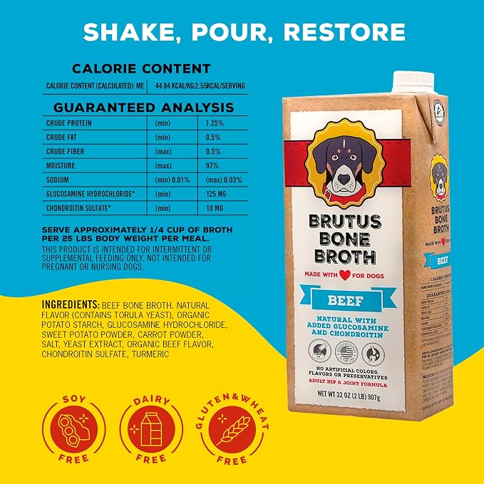 Brutus Beef Bone Broth for Dogs - All Natural Bone Broth with Chondroitin Glucosamine & Turmeric, Human Grade Food Toppers for Picky Eaters & Dry Food-Tasty & Nutritious, Pack of 12