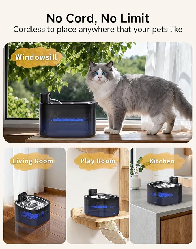 Cat Water Fountain Cordless: Battery Operated 118oz/3.5L Pet Water Fountain for Cats Indoor with Motion Sensor, Stainless Steel Tray, Ultra Quiet, Easy-to-Clean, Gifts for Cats, Dogs (8Filters)
