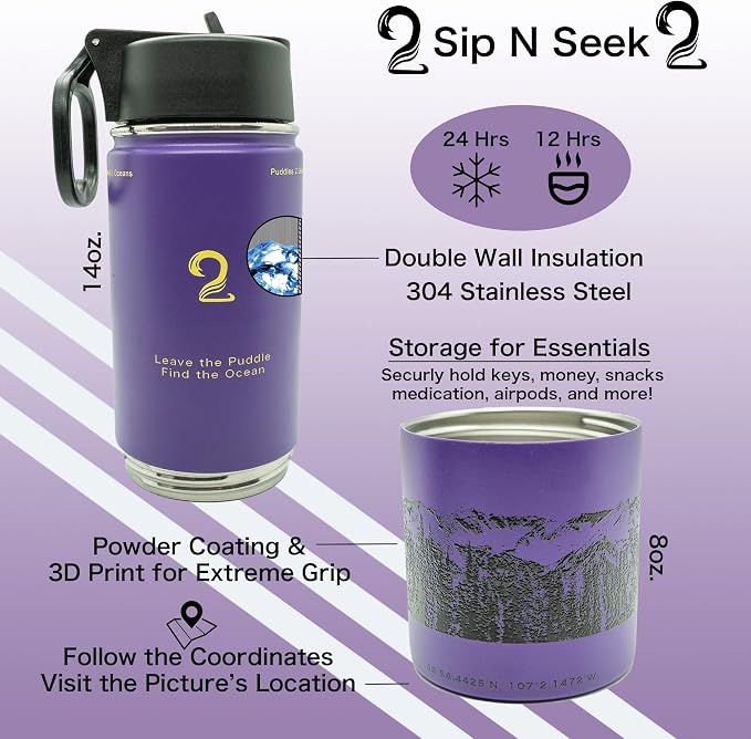 Stainless Steel Water Bottles, Coldest Water Bottle, Stackable Snack Containers for Kids, Insulated Water Bottle, Water Bottle with Snack Compartment, Sip N Seek (Purple)