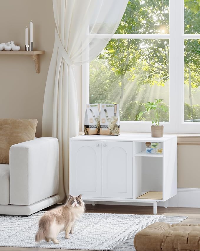 Hzuaneri Cat Litter Box Enclosure,Hidden Litter Box Furniture with Storage, Large Wooden Cabinet with Sisal Mat, Modern Cat Washroom for Living Room, Bedroom, Entryway, White CB01513W
