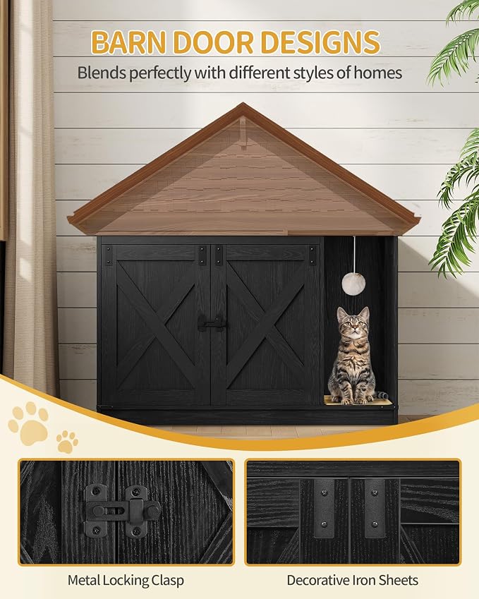 Hzuaneri Cat Litter Box Enclosure, Hidden Litter Box Cabinet Furniture with Bell, Indoor Cats House, Farmhouse Style, 39.4 x 21.7X 24.8 Inches for Hallway, Bedroom, Black CB85204X