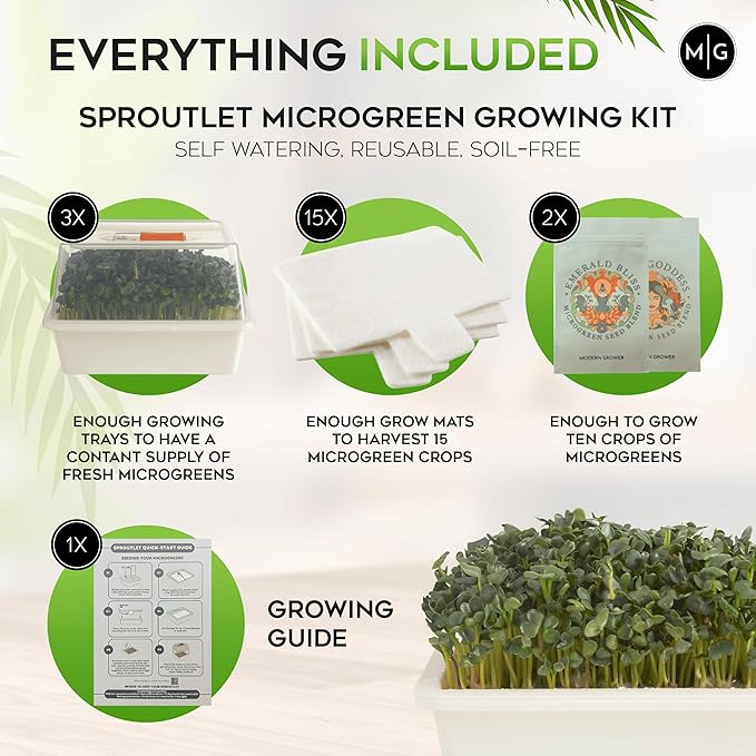 Sproutlet Self-Watering Microgreens Growing Kit – Easy Indoor Garden for Fresh Microgreens in Days – Reusable Trays, Organic Seeds & Grow Mats – No Soil, No Mess (Pearl, 3-Pack)