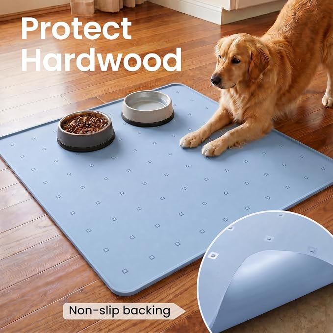 Silicone Pet Feeding Mat, 26x26 Inch Waterproof Dog Bowl Mat – Non-Slip, Machine Washable, Thin 0.28 Inch Edge for Messy Eaters, Protects Hardwood & Tile Floors, Blue