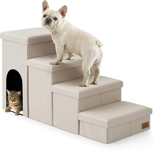 Dog Stairs with Storage, 4-Step Wider Sturdy Dog Steps for Small/Medium/Large Dogs and Older Cats, Doggie Ramp with Condo for Bed/Couch/Car Hold Up to 180 lbs (22.6" H, Beige)