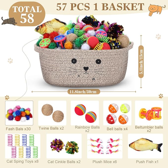 Zopeal 58 Pcs Summer Graduation Cat Storage Basket Gift Toys Set, Colorful Flashing Balls Pet Bell Crinkle Balls Spring Toys Attract Cat to Swat, Hunt, Interactive for Pet(Dark Brown,12 Inch)