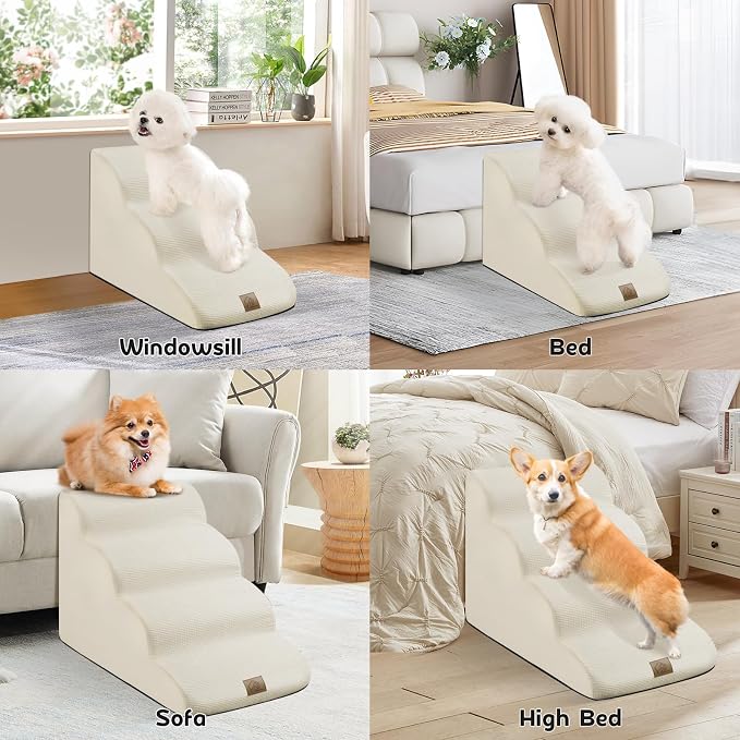 Mestuel Dog Stairs for Small Dogs Cats, Small Pet Stairs Steps, Foam 6-Tier Pet Stairs Steps for Couch Sofa, Dog Ramp Ladder Indoor with Nonslip Bottom &Washable Cover, Beige
