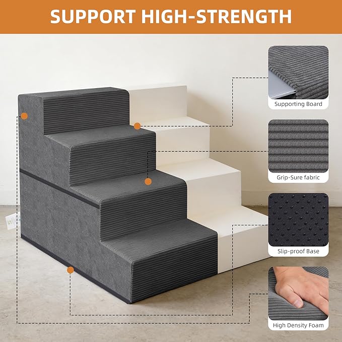 Dog Stairs for Small Dogs, 18" H, 4-Step Pet Steps for Bed Couch Sofa and Chair, Non-Slip Balanced Pet Ramp for Injured & Senior Pets with Washable Cover and Durable High Density Foam, Grey