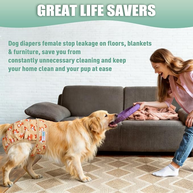 Langsprit Female Dog Diapers for Doggie Puppy,Reusable Dog Period Diapers Female for Heat Peeing,Small Medium Large Doggy Diaper Washable,Dogs Pants 5 Pack, Duck, X-Large
