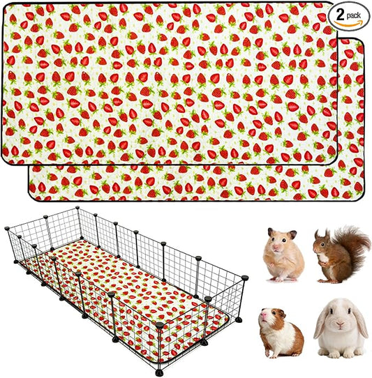 2 Pack Guinea Pig Cage Liners, 24"x 72" Washable Waterproof Bedding for Rabbit, Bunny, Hamster & Small Animals, Reusable Super Absorbent Pee Pads for C&C Cage, Strawberry Print