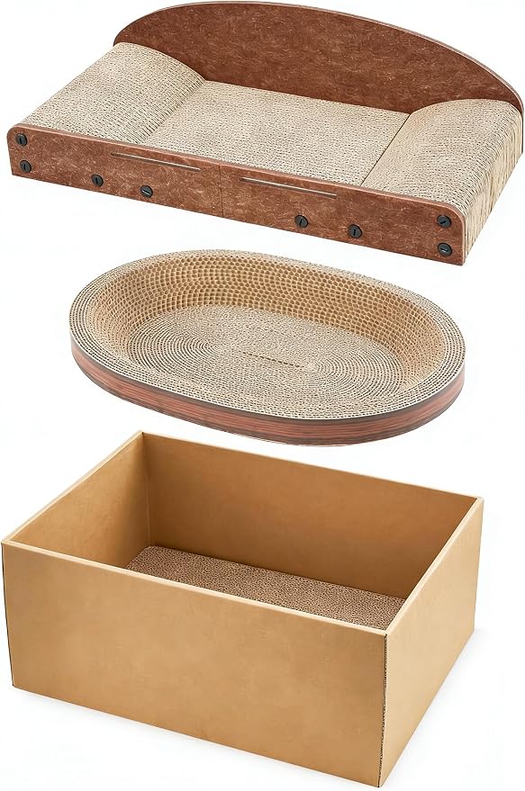Avont 3-Piece Cardboard Cat Scratcher Set Bundle with Cat House, Foldable Cave Hideaway Bed for Indoor Cats