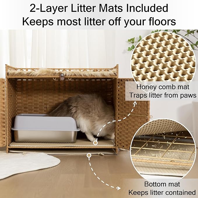 Furriends Cat Litter Box Enclosure with 2 Mats, Handwoven Rattan Hidden Litter Box Furniture Large 30.3”L x 18.2”W x 24.2”H, Double as Indoor Cat House or Side Table for Living Room Hallway, Tan
