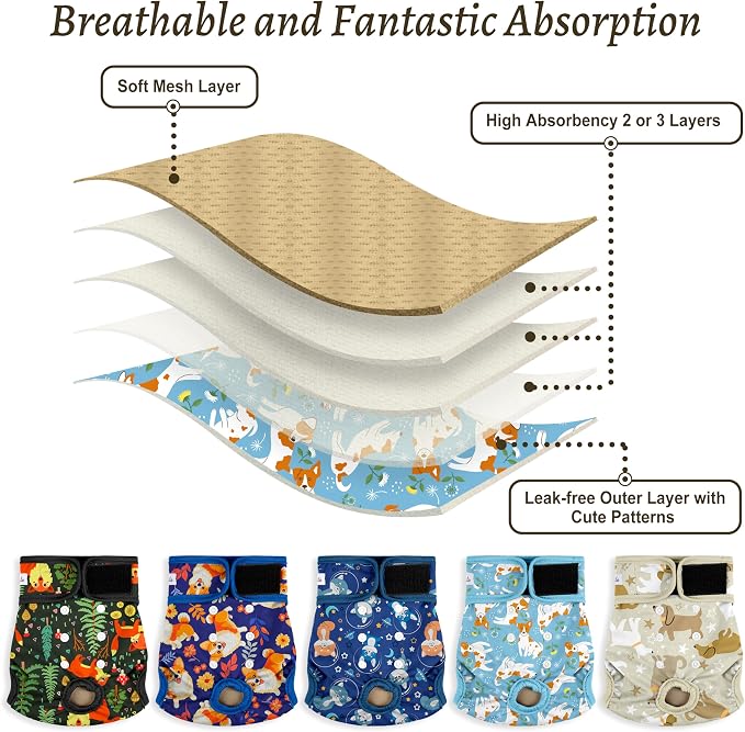 Female Dog Diapers 5Pcs - Premium Reusable Diapers for Doggie in Heat - Highly Absorbent Dog Diapers Female for Pet Incontinence with Adjustable Snaps, XXL