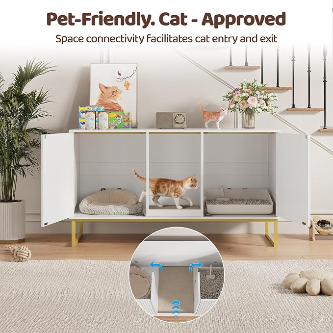 Kitty Litter Box Enclosure for 2 Cats, Small Hidden Cat Litter Box Furniture with Scratch Pad, Modern Fluted Double Litterbox Cabinet TV Stand for Kittens, White