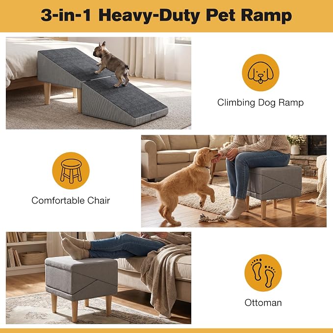 2-in-1 Folding Dog Ramp & Stairs for Small Dogs and Cats – Split Ottoman for Couch/Bed, with Removable Washable Anti-Slip Mat & Cleaning Brush (Light Grey Dog Ramp)
