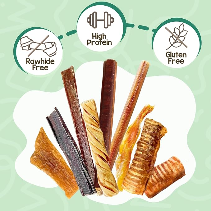 Nature Gnaws Variety Pack for Large Dogs (12 Count) - Bully Sticks, Beef Tendons and Tripe Twists for Dogs - Natural Long Lasting Beef Dog Chew Bones - Rawhide Free