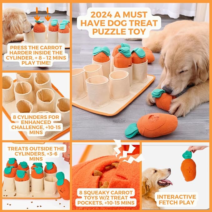 Fossa Boredom Buster for Medium & Large Dog, Interactive Treat Puzzle Rug, Slow Feeder Mat with Squeaky Carrots, 20-40 Mins Self-Entertainment Toy, Enrichment Toy Gifts for Dog