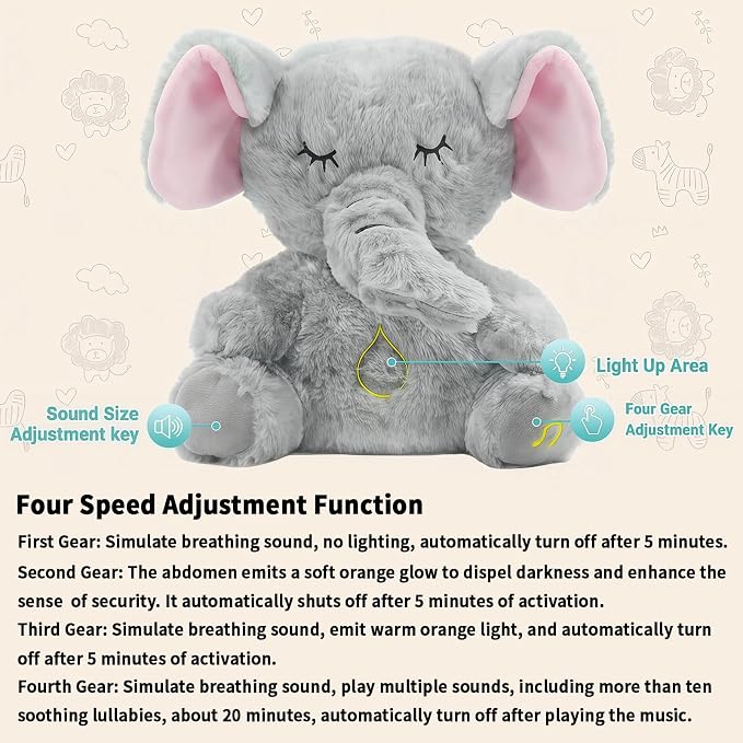 rytopt Breathing Stuffed Animal, Simulated Breathing Sounds, Elephant Stuffed Animal, 4 Gear Adjustment, Volume Control & Music
