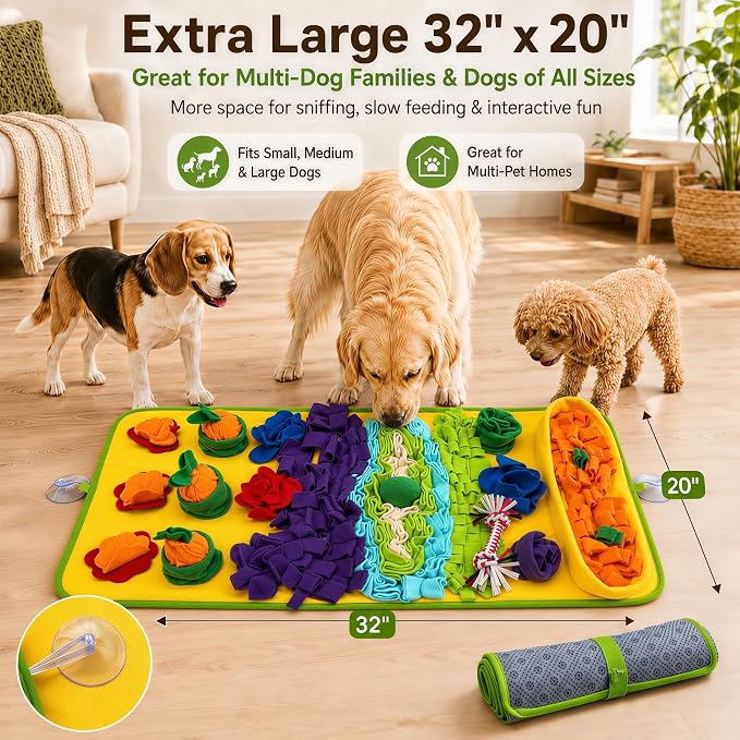 Snuffle Mat for Dogs – Extra Large 32'' x 20'', Washable Slow Feeder Dog Toy, Durable Interactive Dog Puzzle for Mental Stimulation & Nosework Training, with Anti-Slip Suction Cups