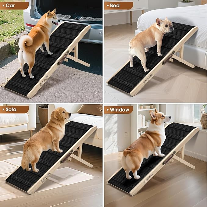 Dog Ramp for Bed - Foldable Small Medium Dog Ramp for Couch - 6 Adjustable Height from 13" to 22" - Stairs with High Traction Mat& Platform - Wooden Ramp for Dogs to Get on Bed Couch Car Up to 110LB