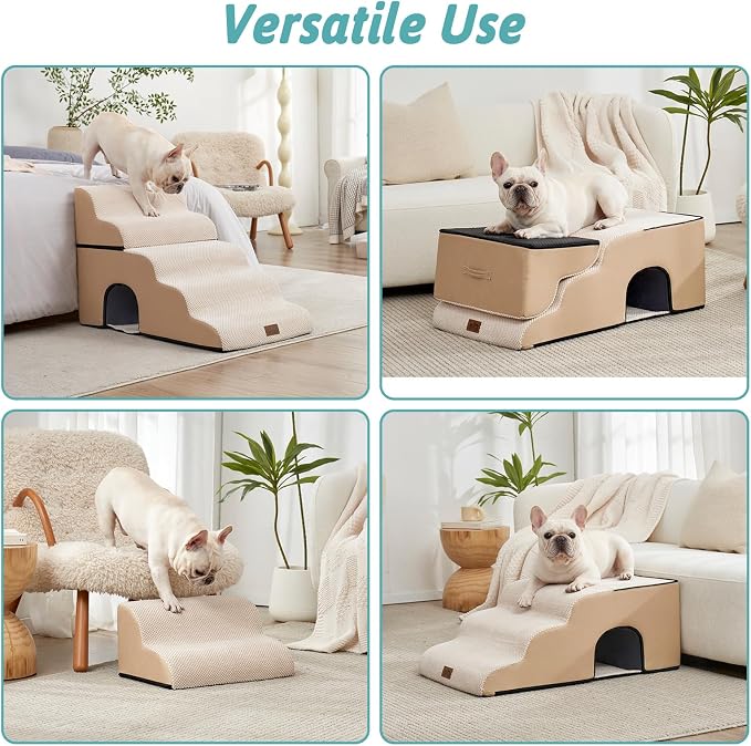 COZY KISS Dog Stairs for Small Pets, 3-Step 2-in-1 Transformable Pet Steps for Couch and Bed, 15.7 Inches High, Suitable for Old Cats and Puppies, Beige, 17.7 x 33 x 22.4 in