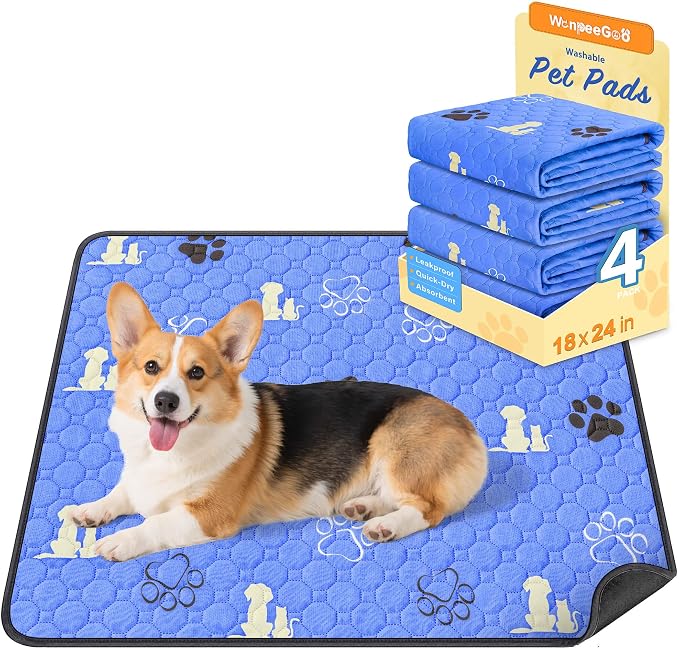 WanpeeGoo Washable Pee Pads for Dogs, 4 Pack Absorbent Reusable Training Dog Pads Pet Puppy Pads, Non-Slip Potty Pads for Whelping, Playpen, Crate, Bed, Blue 18"x24"
