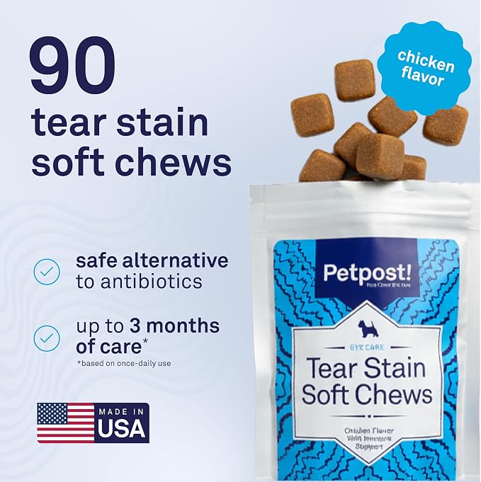Petpost Tear Stain Remover Soft Chews for Dogs | 90 Count Chicken Flavor Dog Tear Stain Support Supplement | Gentle Eye Care for White Dogs & Light Breeds | Tylosin Free, Made in USA