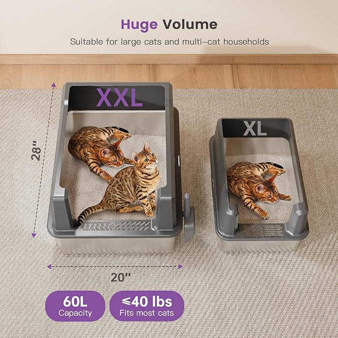XXXXX+L Stainless Steel Cat Litter Box with Lid, 28" L x 20" W x 16" H Metal Litter Box with Hight Sides for Big Cats & Multiple Cats, Never Absorbs Odors, Anti-Urine Leakage, Easy Cleaning (Gray)