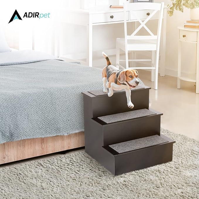 AdirPets Deluxe 3-Step Pet Stairs with Non-Slip Surface and Carpeted Treads - Sleek Pet Steps for Small Dogs, Cats, Elderly or Disabled Pets - Supports Up to 175lbs Weight - Black