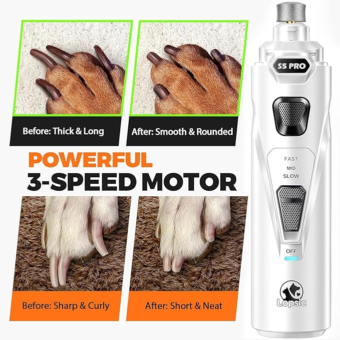 Whisper Quiet Dog Nail Grinder with 4 LED Lights, Safe & Stress-Free for Sensitive Dogs of All Breeds & Sizes, 3 Grinding Bits, 3-Speed, Pet Nail Trimmers, Rechargeable Painless Grooming Kit White