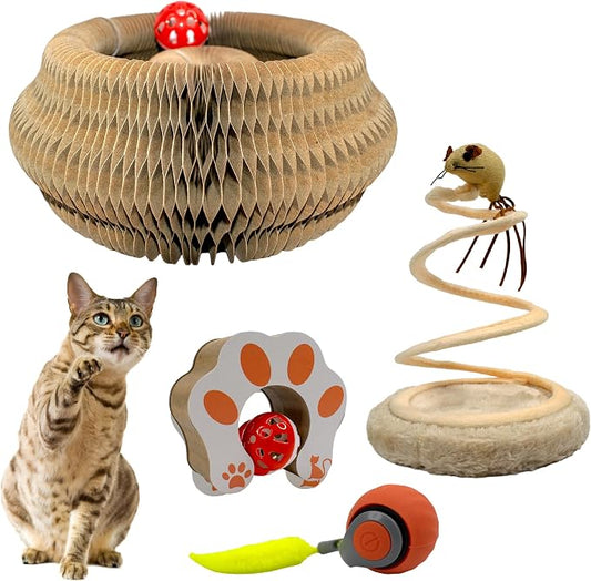 Kitty Kurlz Cat Toy - Interactive Cat Scratcher Set with Flexible Cardboard Accordion, Plush Mouse & Magic Organ Toy - 3-Pack Entertainment Bundle for Indoor Cats
