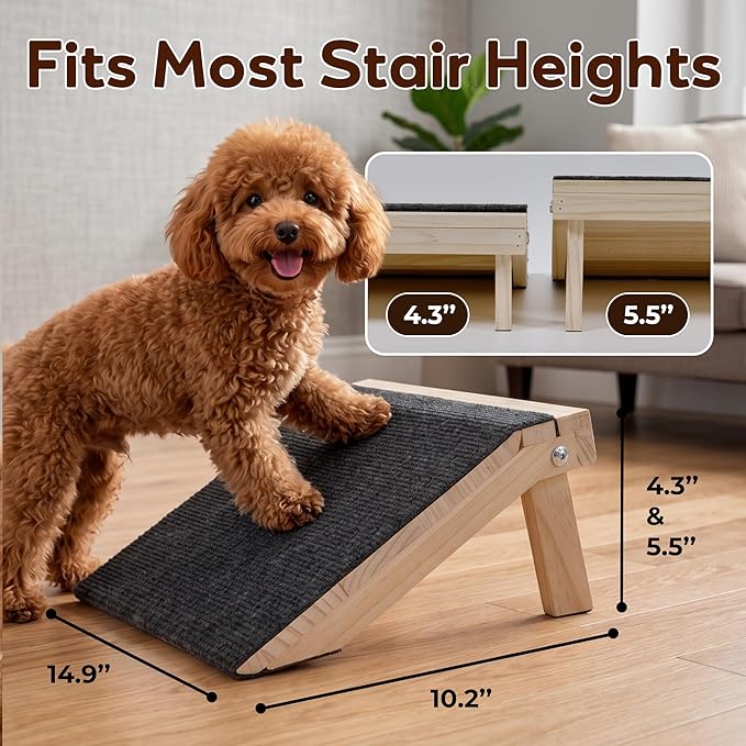 Wooden Dog Ramp for Stairs, 4.3"/5.5" Height Adjustable Pet Ramp with Non-Slip Carpet Surface, Small Dog Step Ramp for Indoor Stairs, Entryway & Porch, Supports Senior Dogs & Cats (1-Pack)
