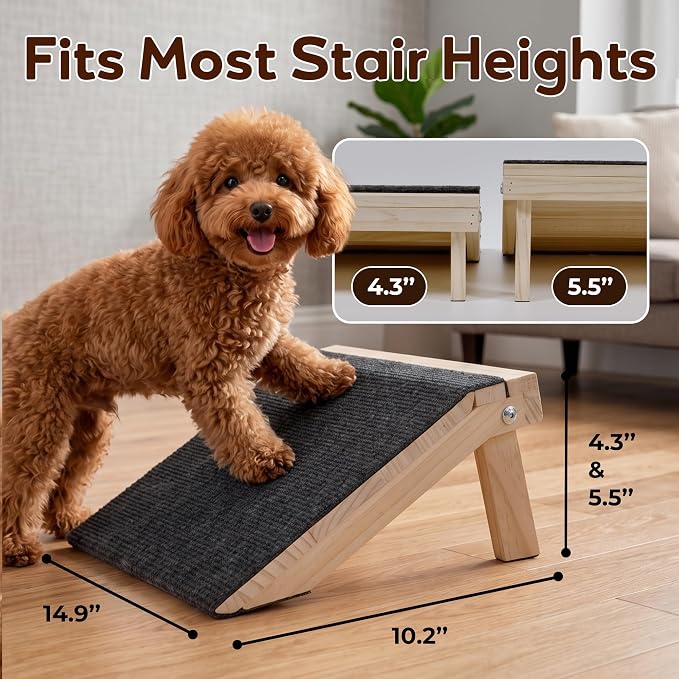 Dog Ramp for Stairs 4 Pack - Adjustable Wooden Stair Wedges for Small Dogs, Foldable Indoor Dog Stair Ramp and Non-Slip Pads for Senior and Short-Legged Pets