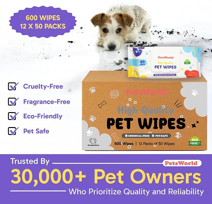 PETSWORLD 3-in-1 Pet Wipes | Hypoallergenic, Unscented & Biodegradable Grooming Wipes for Body, Paws & Butt | Thick, Durable, Daily Use Pet Cleaning Wipes (600 Count)
