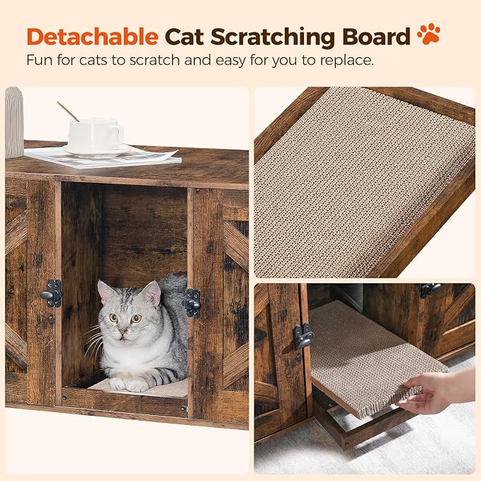 MAHANCRIS Cat Litter Box Enclosure for 2 Cats, 47.2" Hidden Litter Box Furniture with Double Room, Wooden Cat Washroom with Scratching Board, Indoor Cats House End Table, Rustic Brown CWHR1201